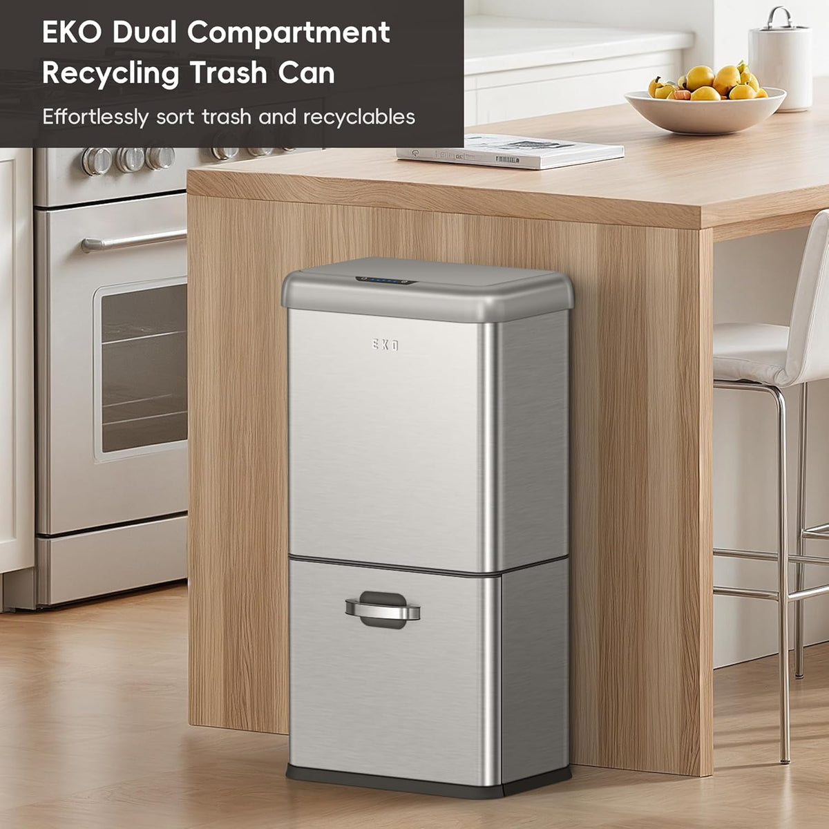 EKO Vintage 50L / 13.2 Gallon Motion Sensor Trash Can, Dual Compartment 32L + 18L Stainless Steel