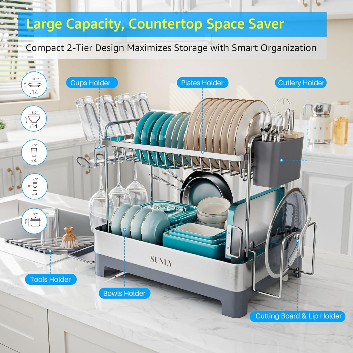 SUNLY Large Dish Drying Rack, Multipurpose 2 Tier Dish Racks for Kitchen Counter, 304 Stainless