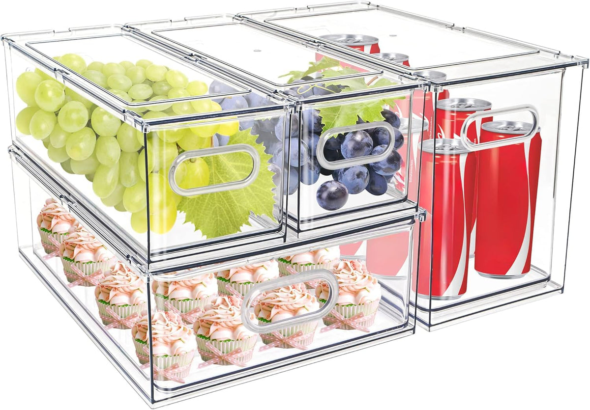 MineSign 4 pack Stackable Fridge Drawers Pull-Out Bins Divided Produce Saver Containers for