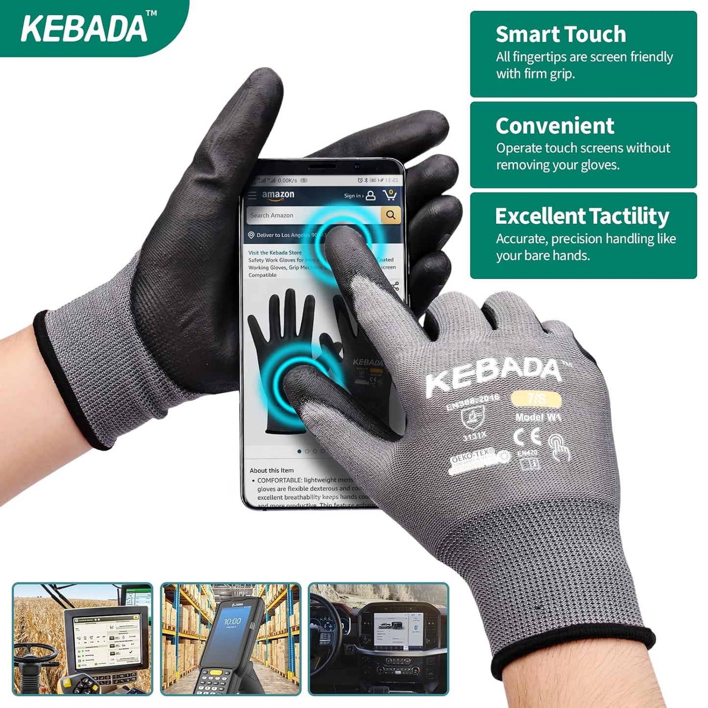 Kebada W1 Work Gloves for Men and Women, Touchscreen PU Coated Gloves with Grip, 50 Pairs Bulk