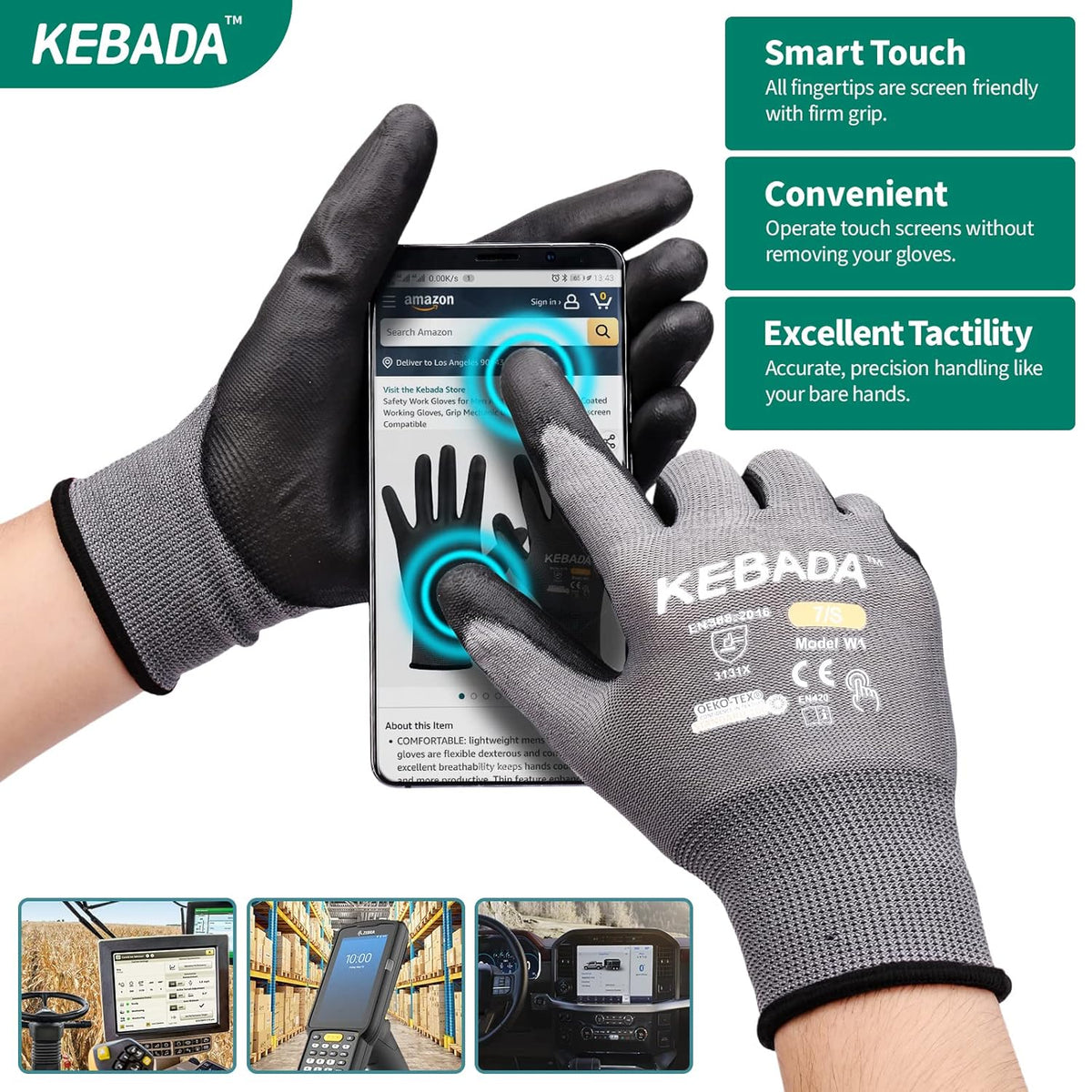Kebada W1 Work Gloves for Men and Women, PU Coated Safety Gloves with Grip, Touchscreen, Ideal for