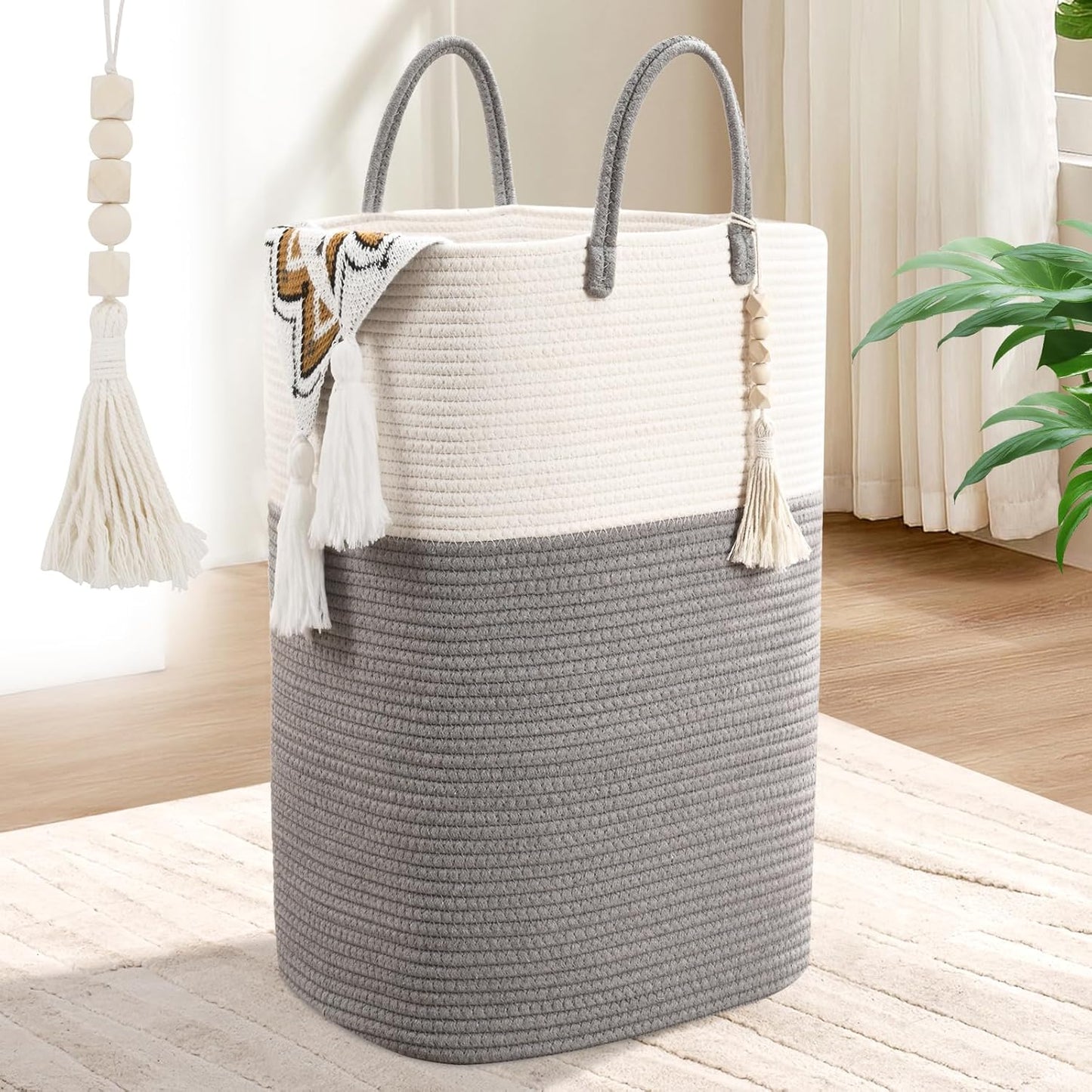 Woven Laundry Basket for Clothes, 100L Large Rectangle Laundry Hampers with Beads Tassel, Nursery