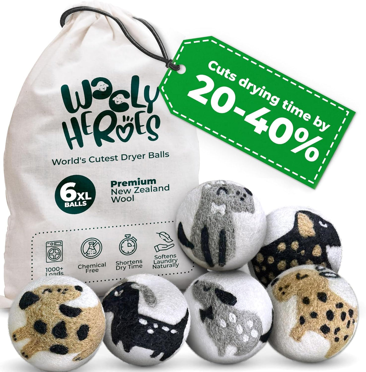 No More Dryer Sheets! Reusable Wool Dryer Balls XL 6-Pack - Reduces Static, Cuts Dry Time, &