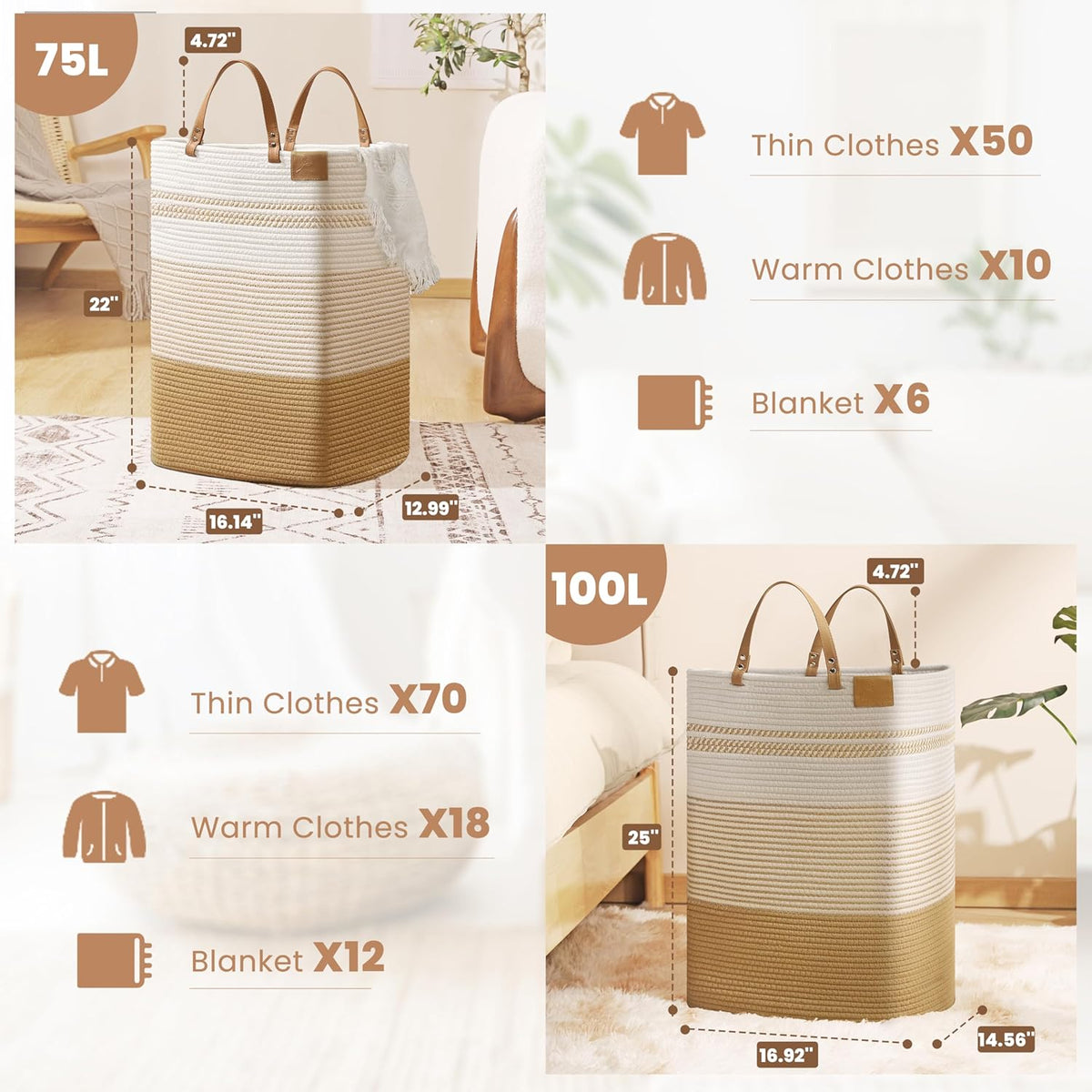 danpinera Large Laundry Hamper – 75L Tall Woven Cotton Storage Basket with Leather Handles, Slim