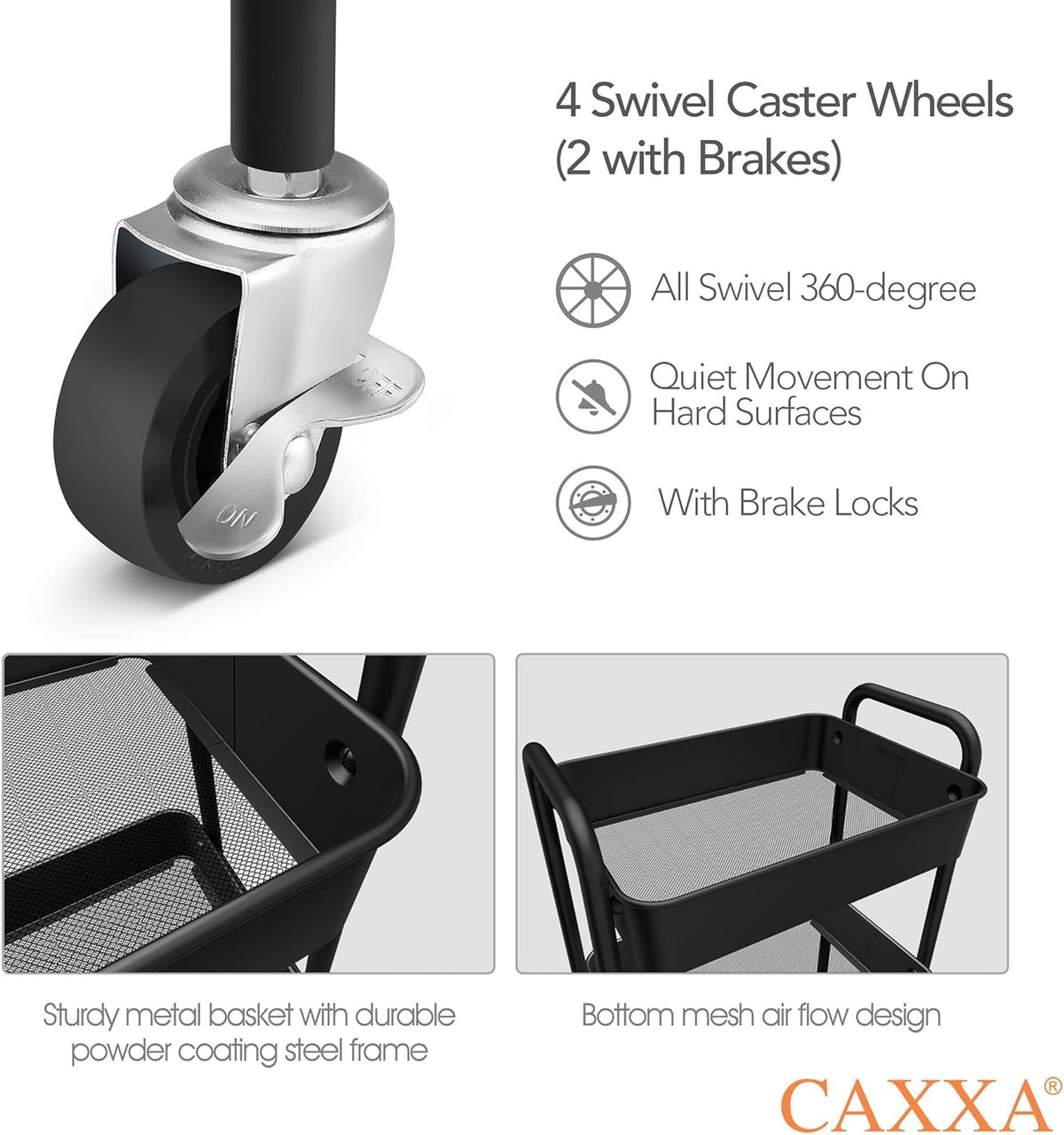 CAXXA 3-Tier Rolling Metal Storage Organizer - Mobile Utility Cart, Kitchen Cart with Caster Wheels