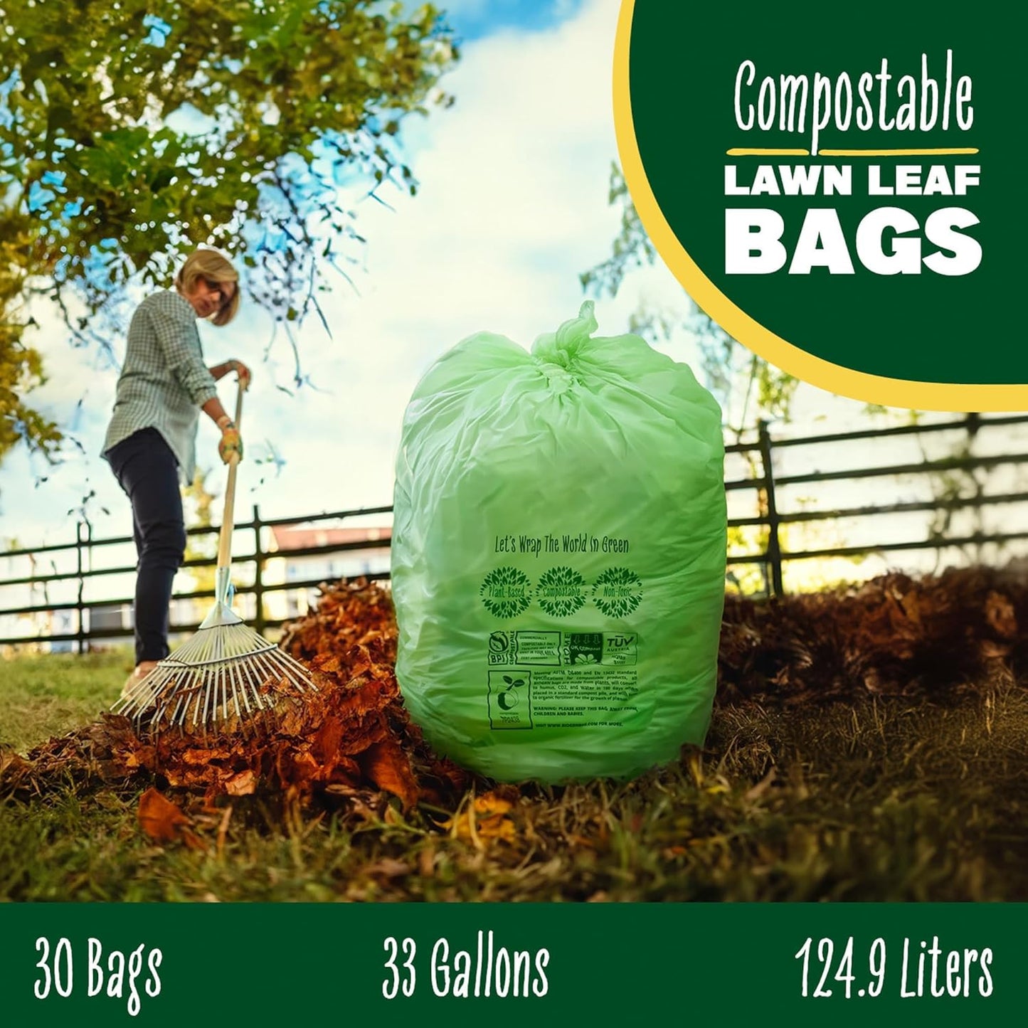 30-33 Gallon Compost Bags 30 Bags Yard Waste Bags Flat-Top Liners Compostable Trash Bags Heavy Duty