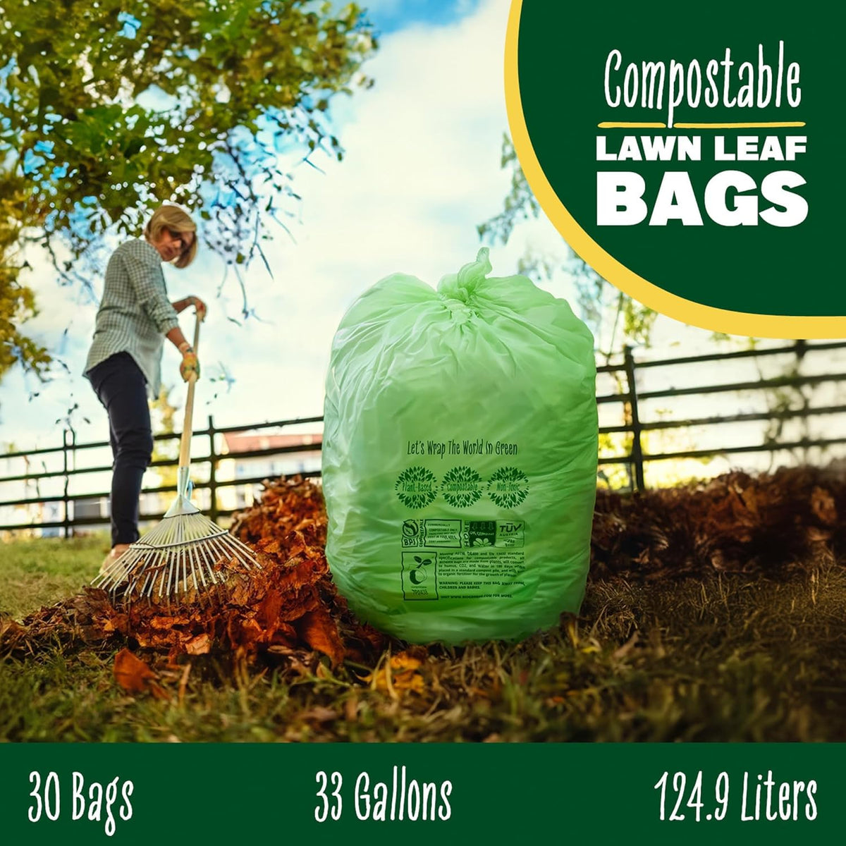 30-33 Gallon Compost Bags 30 Bags Yard Waste Bags Flat-Top Liners Compostable Trash Bags Heavy Duty
