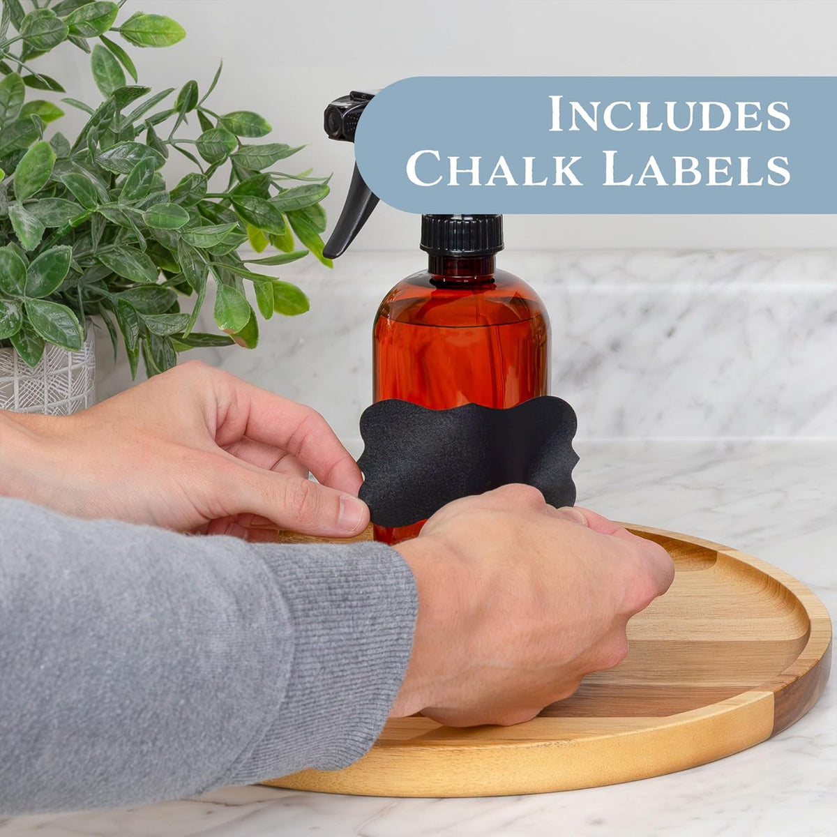 Cornucopia Brands 16oz Amber PLASTIC Spray Bottles w/Heavy Duty Mist & Stream Sprayers & Chalkboard