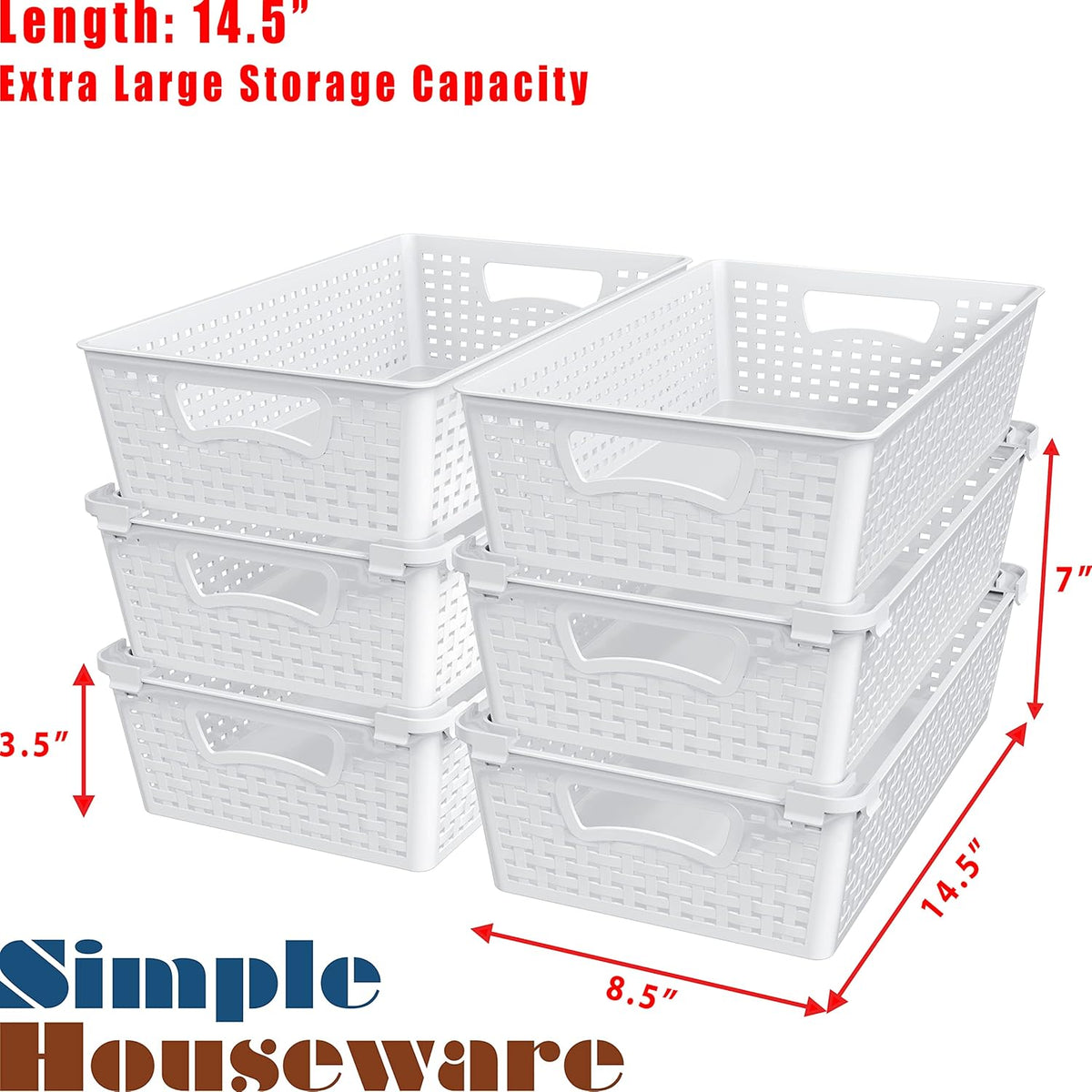 Simple Houseware Plastic Stackable Storage Basket Pantry Organizer, 6 Pack, 14.5" x 8.5" x 3.5"