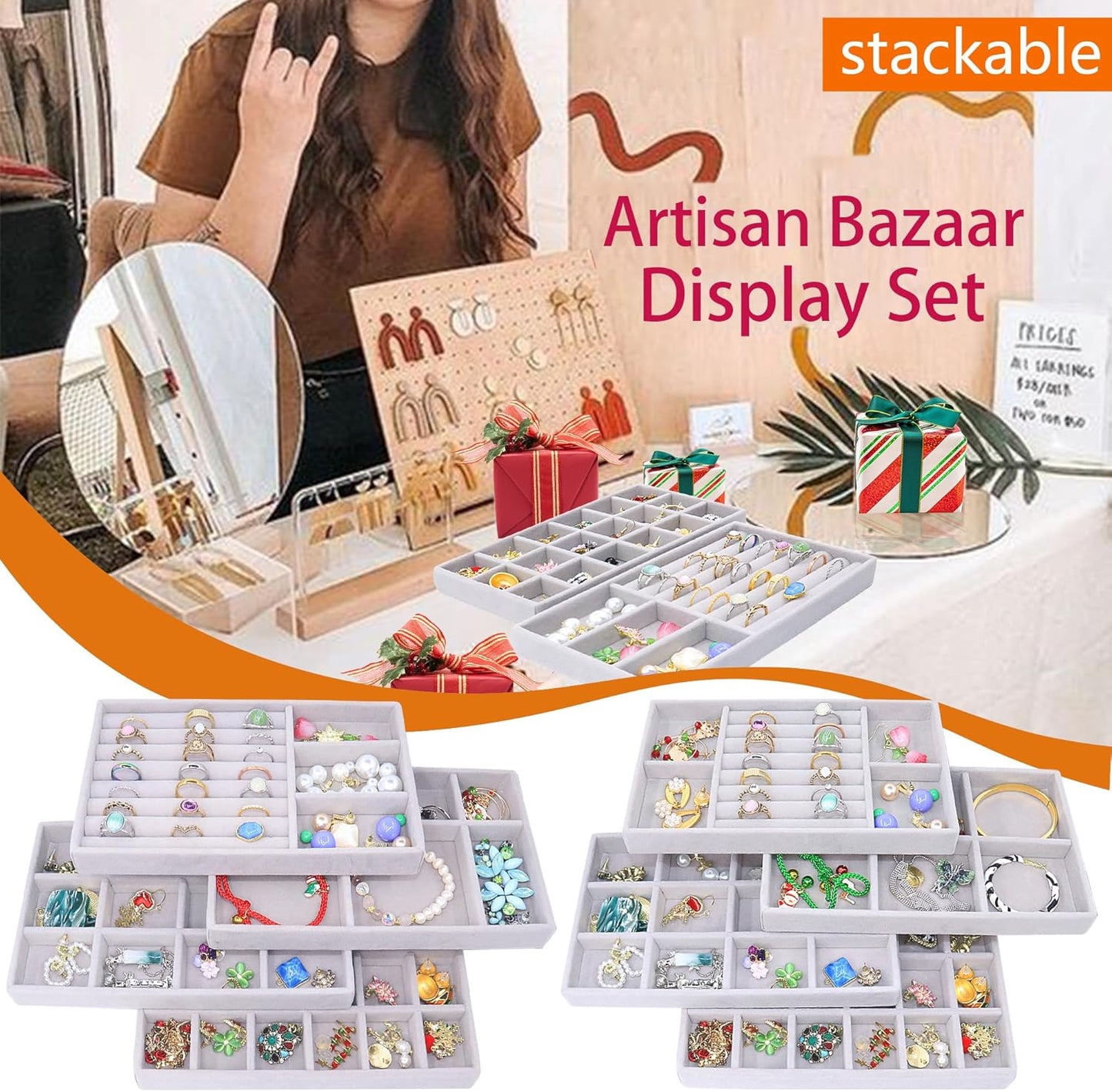 Jewelry Storage 8PACK, Velvet Jewelry Organizer Trays, 4PCS Stackable Jewelry Tray for Drawers