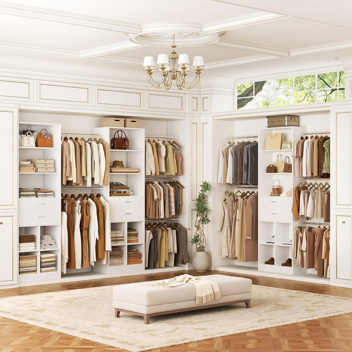 Closet System, 4-8 FT Closet Organizer Tower with 2 Wooden Drawers and Shelves, Can Fit 60 to 96