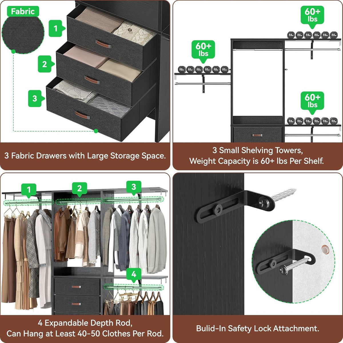 Armocity 5FT Small Closet System with 3 Fabric Drawers, 60 Inches Walk In Closet Organizer System