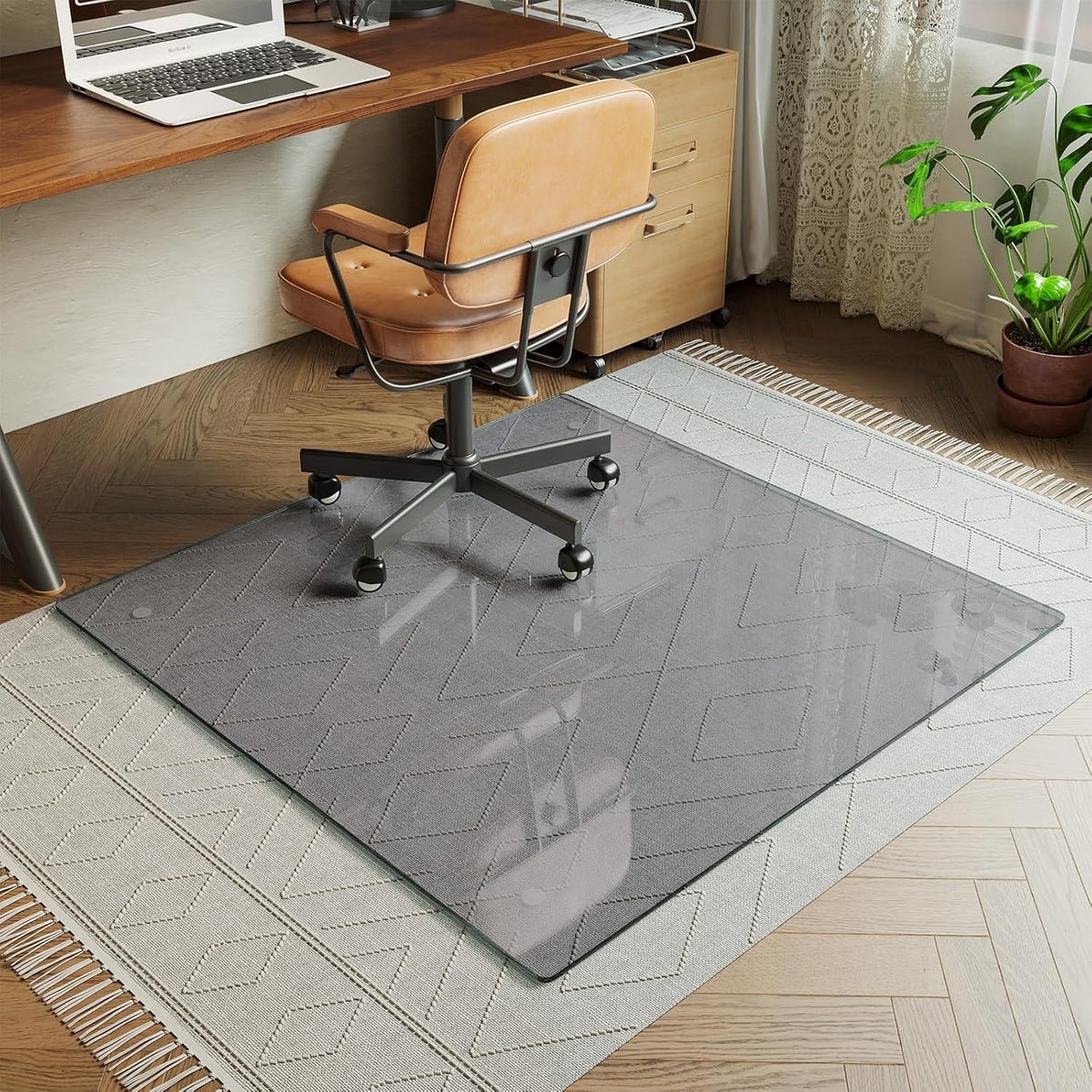 Koonmi Tempered Glass Chair Mat for Hardwood Floors & Carpets, 46" x 46“ Grey Heavy Duty Office