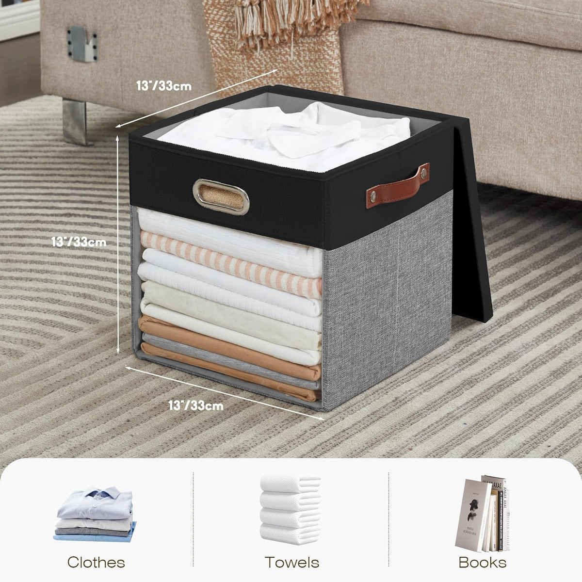 Fabric Storage Cubes with Clear Windows and Lids, 13'' Foldable Storage Bins with 3 Handles
