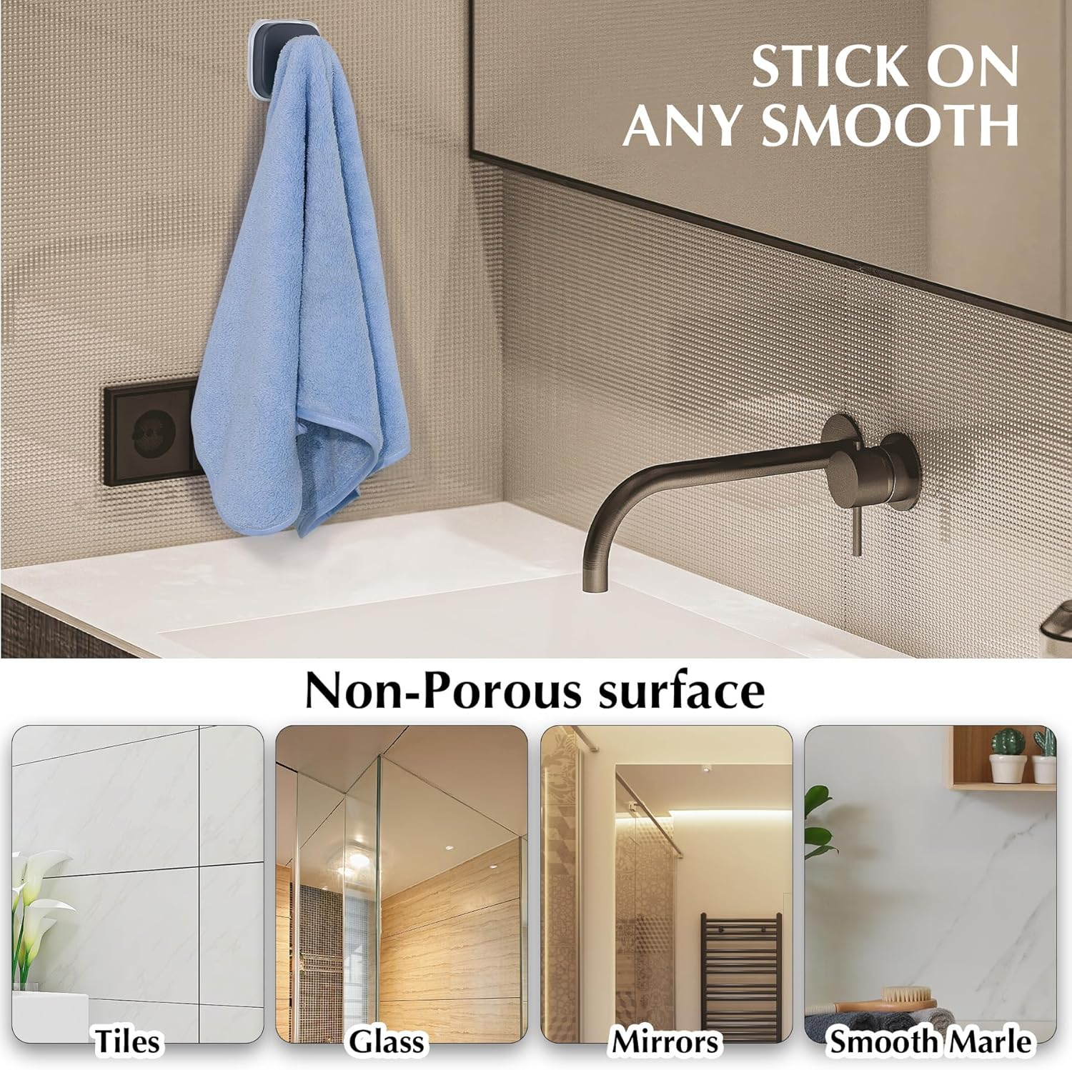 Suction Cup Hooks for Shower - Reusable No-Drill Mounting - Hooks for Towels, Robes & Loofah on
