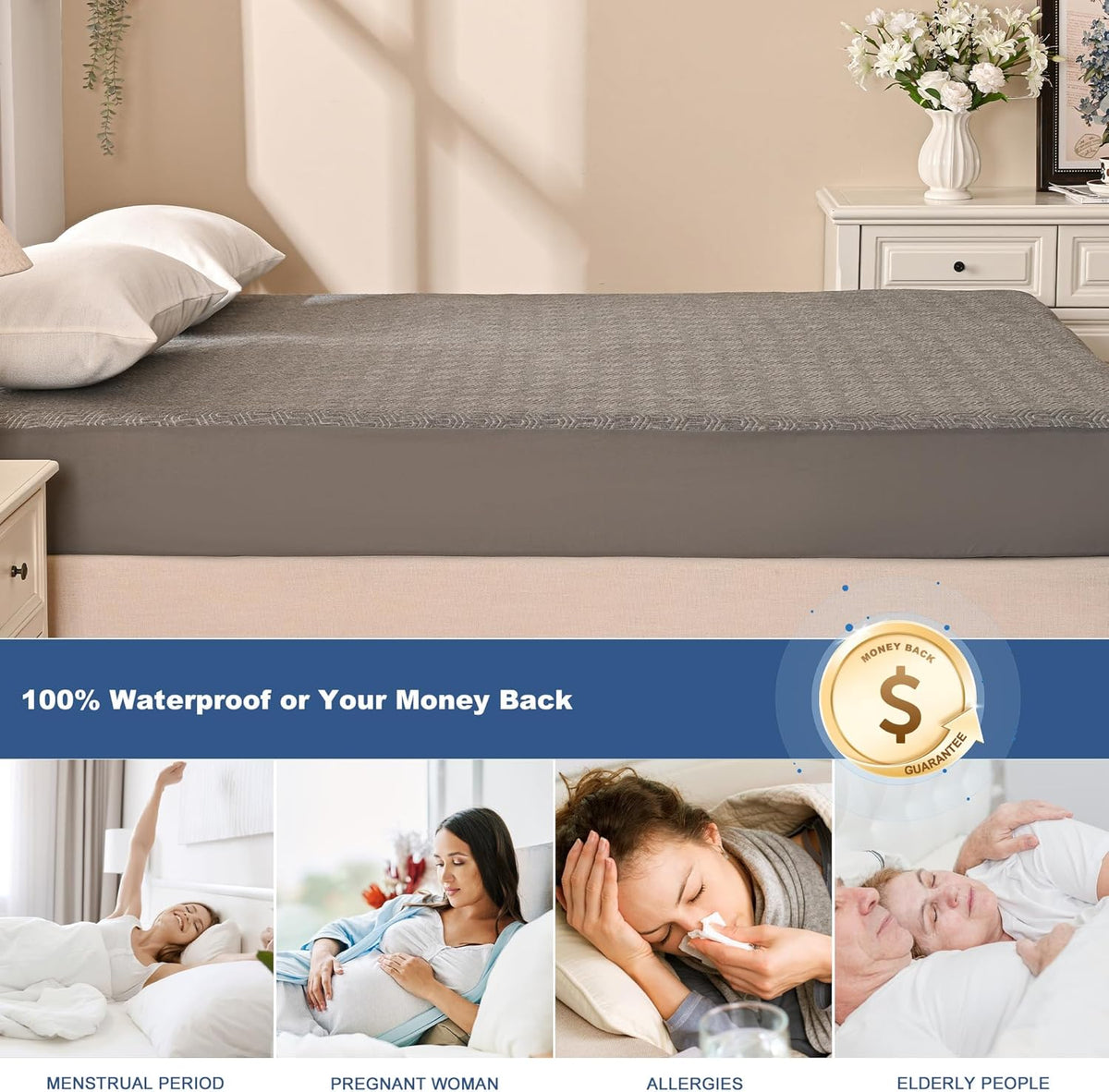 GRT Queen Mattress Protector Waterproof, Breathable Bamboo Charcoal Fiber Mattress Cover, Noiseless