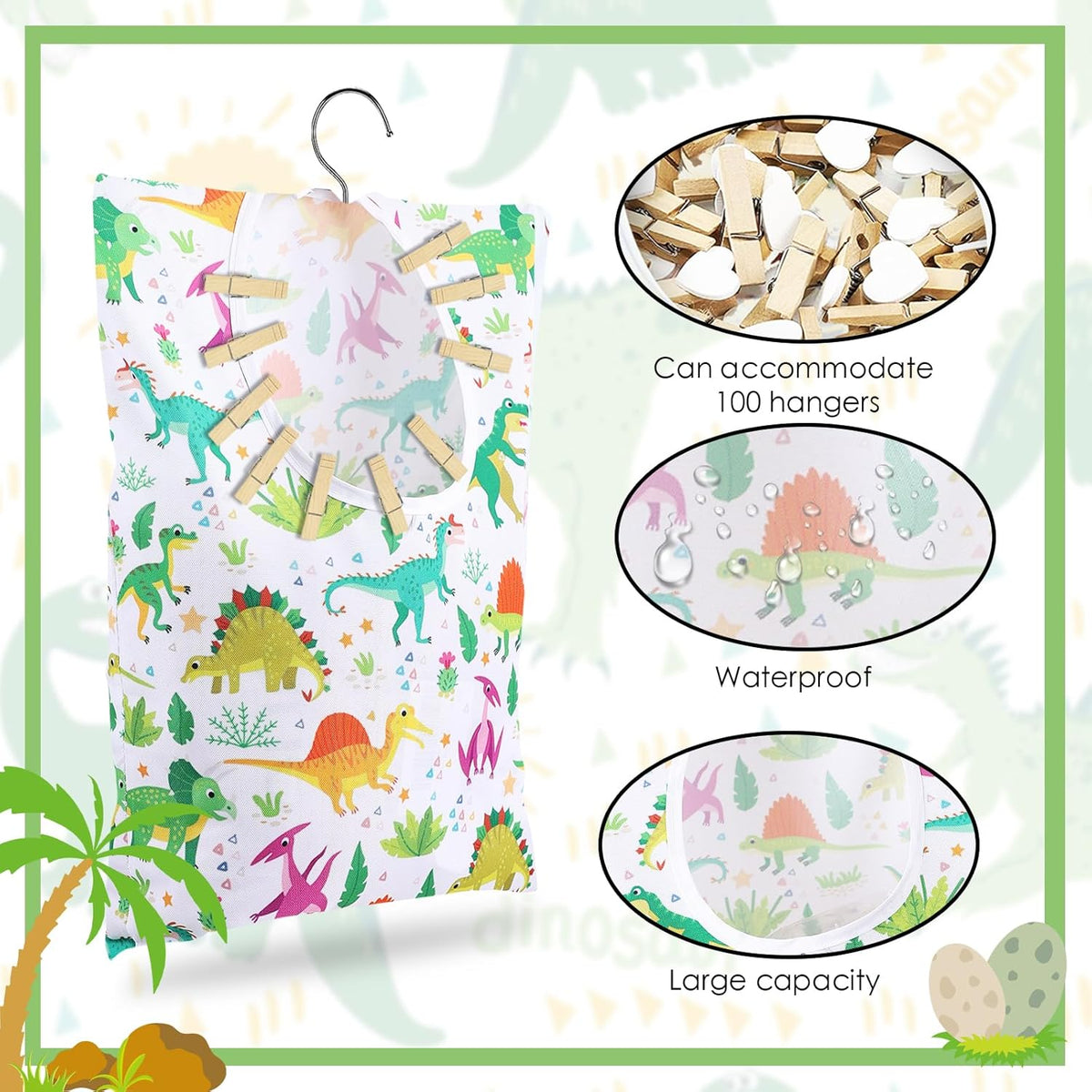2 Pcs Dinosaurs Clothespin Holder - 15 X 11 Inch Clothes Pin Hanging Bag for Clothesline, Outdoor