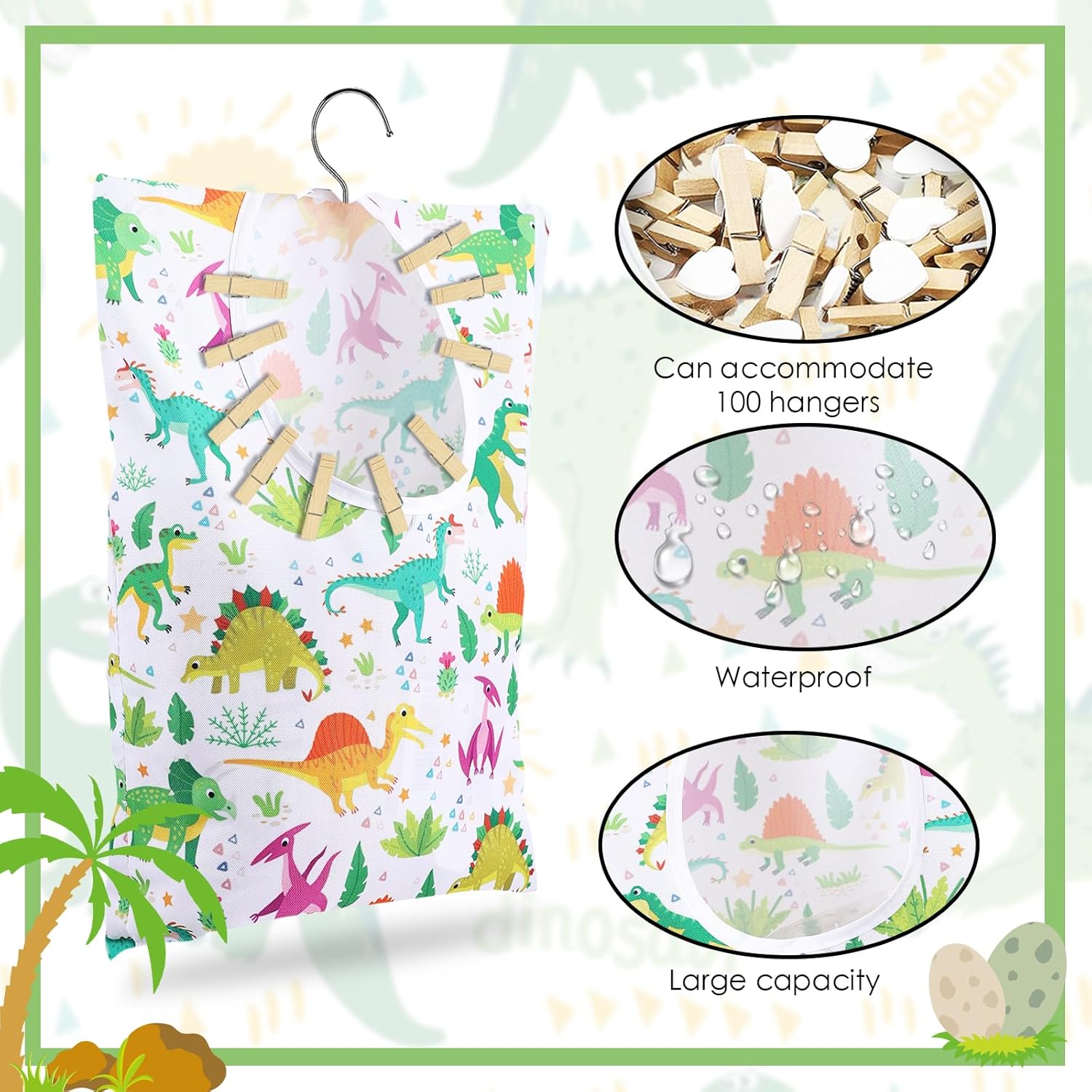 2 Pcs Dinosaurs Clothespin Holder - 15 X 11 Inch Clothes Pin Hanging Bag for Clothesline, Outdoor