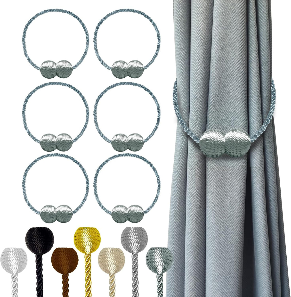 Hion Magnetic Curtain Tiebacks Gray Blue 6 Pack, Curtain Tiebacks Buckles Holdbacks Holders Hooks