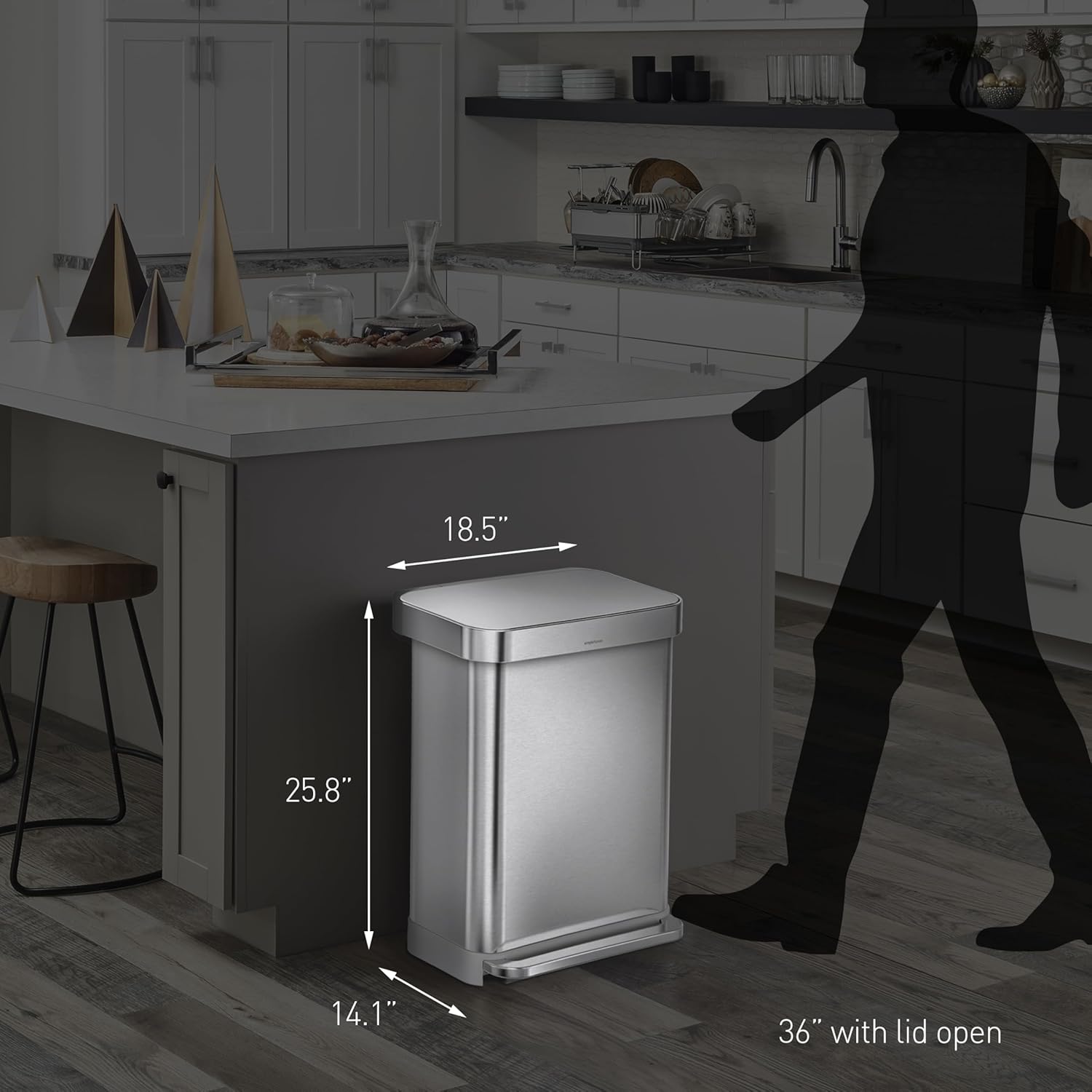 simplehuman 55 Liter / 14.5 Gallon Rectangular Hands-Free Kitchen Step Trash Can with Soft-Close