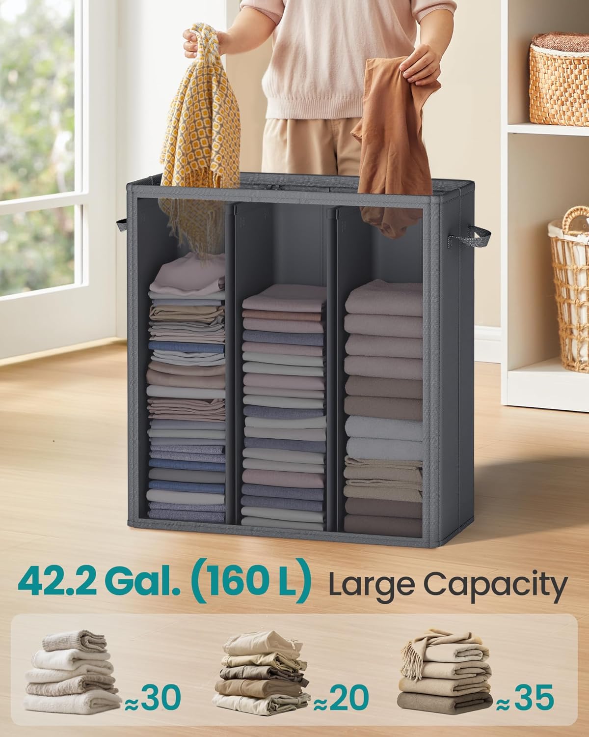 SONGMICS 42.2 Gallon (160 L) Laundry Hamper, 3-Compartment Laundry Basket Sorter with Lid, Labels