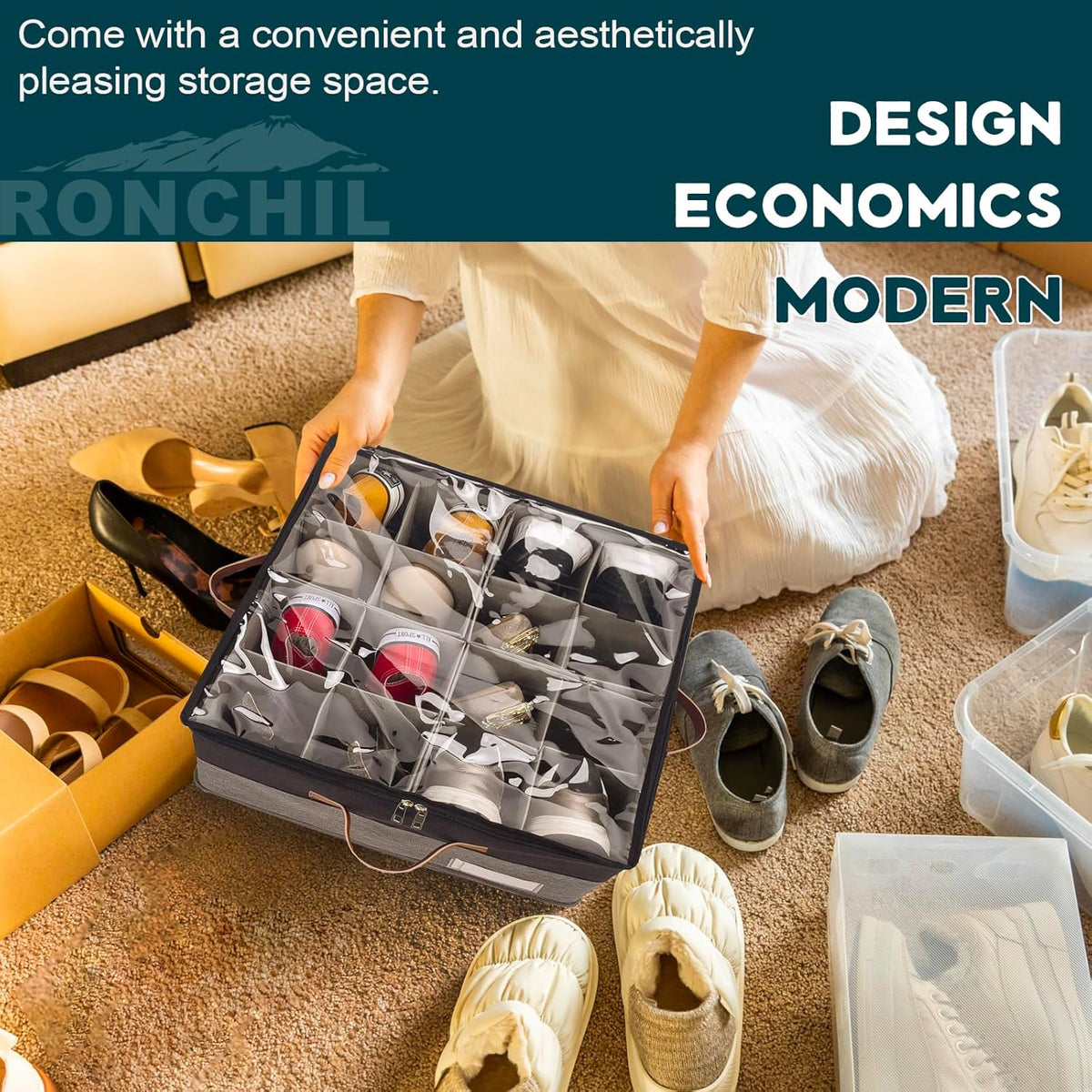 Shoe Organizer for Closet, Foldable Shoe Storage Bins with Clear Cover, Space Saving Shoes Holder
