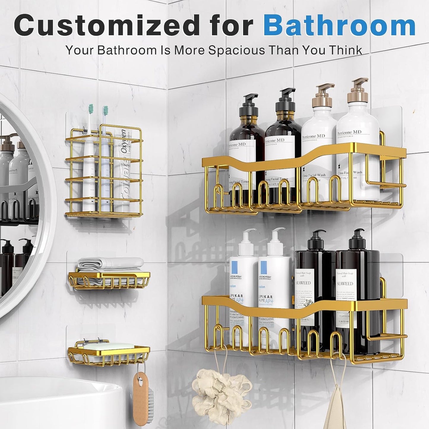 EUDELE 5-Pack Rustproof Stainless Steel Shower Caddy – No Drill Adhesive Bathroom Organizer with