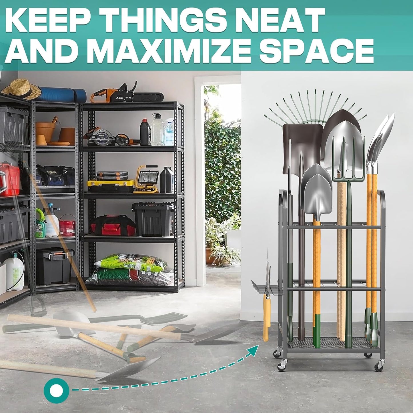 EVERHANGER Garden Tool Organizer and Storage, Yard Tool Stand Garage Tool Organization, Yard Tool