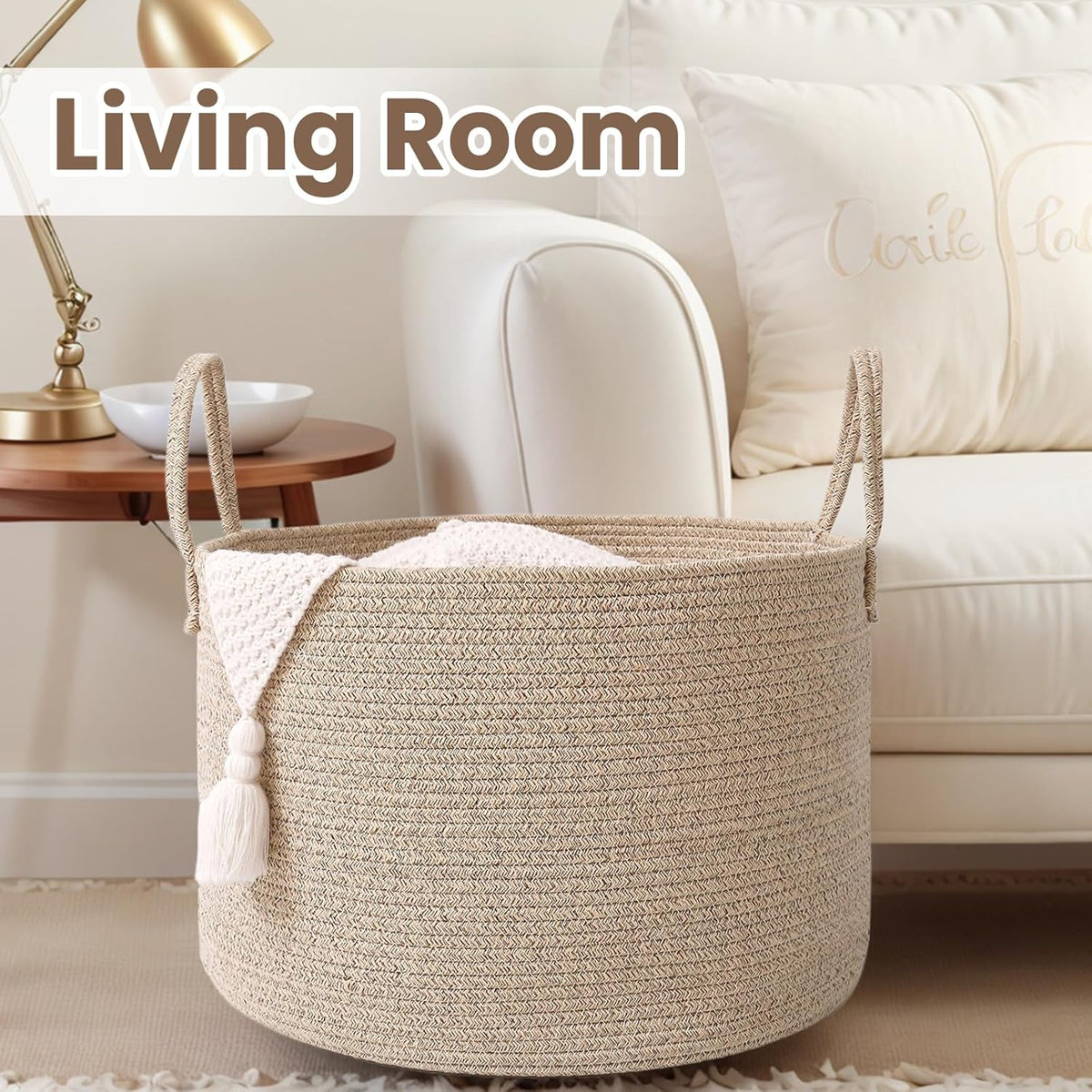 Woven Blanket Basket,65L Large Rope Storage Bin with Handles, Organizer for Blankets Toys Book and