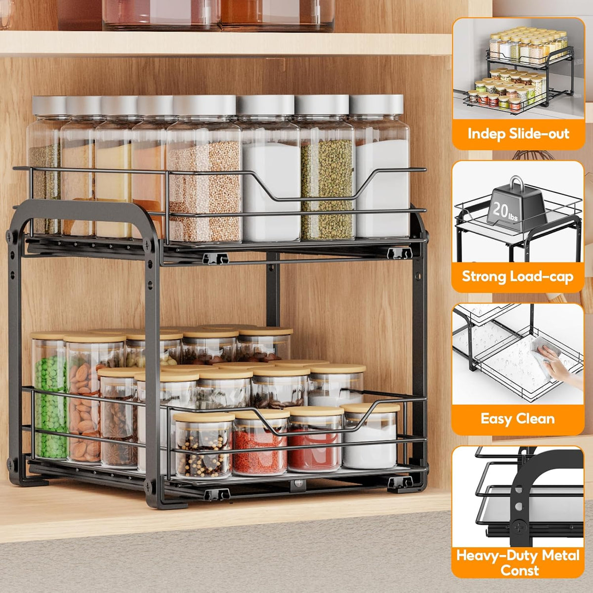 Spice Rack Organizer for Cabinet, 2 Tier Vertical Pull Out Spice Rack – Heavy Duty Metal Spice