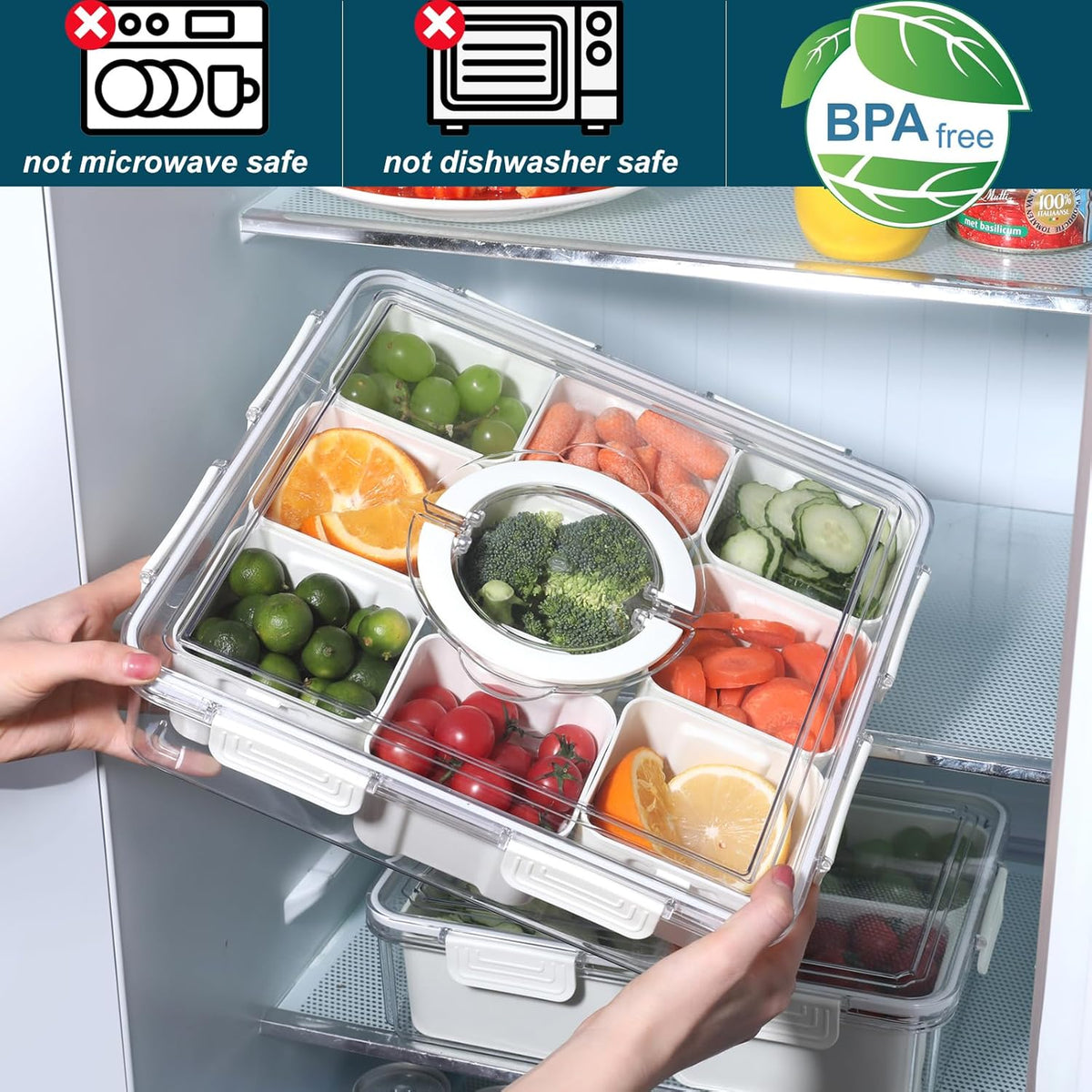 Taiuloo Divided Serving Tray with Lid & Handle, Airtight 9 Compartment Snackle Box Charcuterie