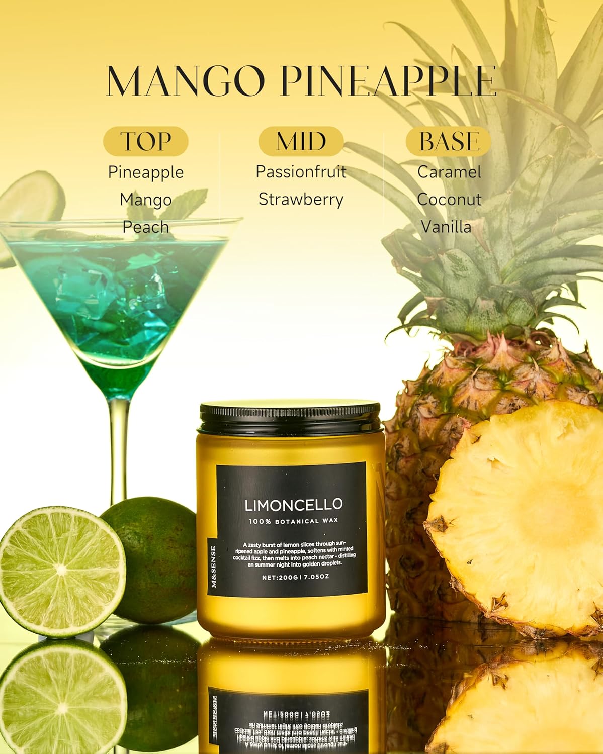 M&SENSE Mango Pineapple Tropical Scented Candle, 7.05oz Non Toxic Natural Soy Wax 50 Hours Long