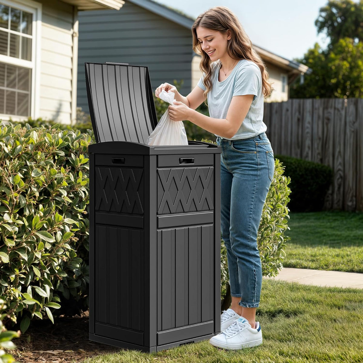 DWVO 36-Gallon Outdoor Trash Can with Fabric Bag, Tiered Lid & Drip Tray, Waterproof Resin Garbage