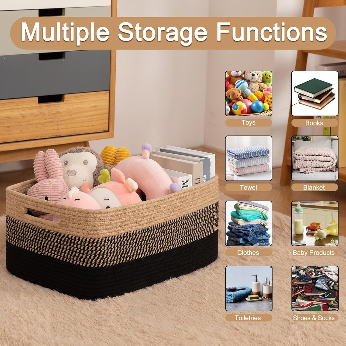 Large Storage Basket for Organizing, Woven Rope Basket for Shelves, Closet Organizer Bins for