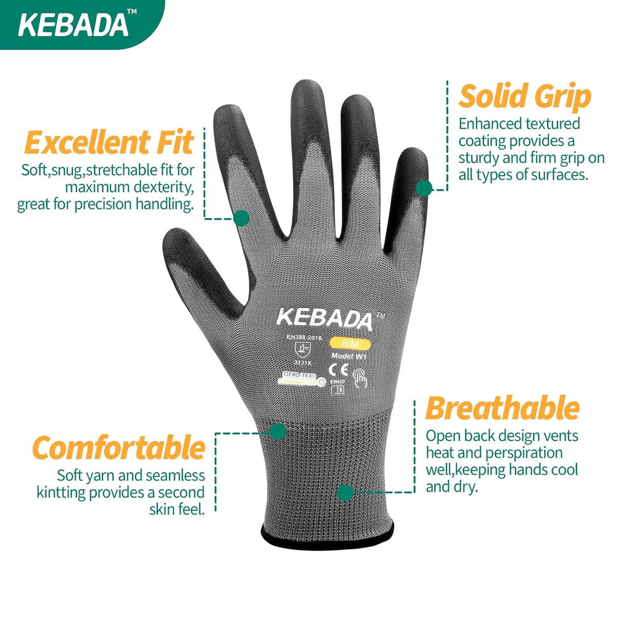 Kebada W1 Work Gloves for Men and Women, Touchscreen PU Coated Gloves with Grip, 50 Pairs Bulk