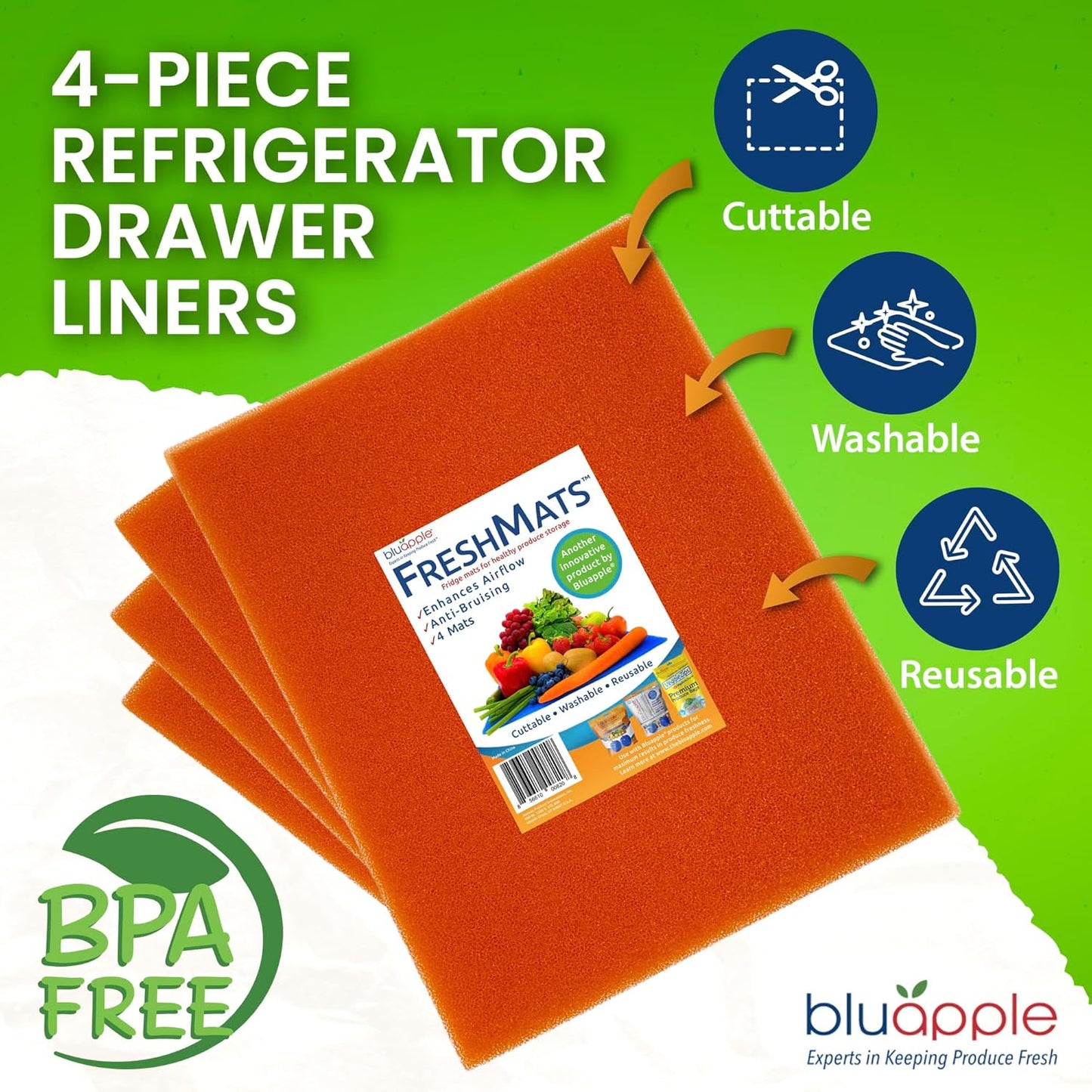Bluapple FreshMats, Refrigerator Bin Liner, Fridge Drawer Mats, Crisper Life Extender Liner Keeps