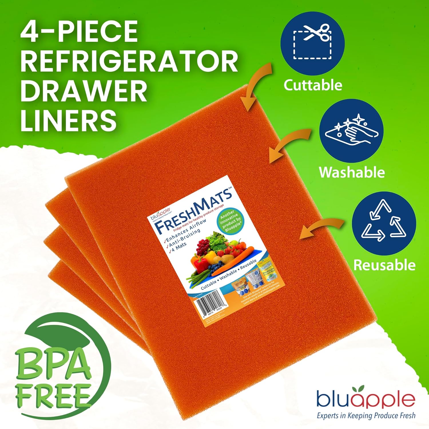 Bluapple FreshMats, Refrigerator Bin Liner, Fridge Drawer Mats, Crisper Life Extender Liner Keeps