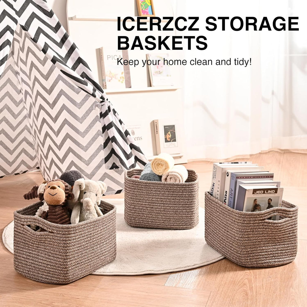 Storage Baskets for Shelves Organizing, Woven Cotton Rope Baskets for Storage, Book Basket