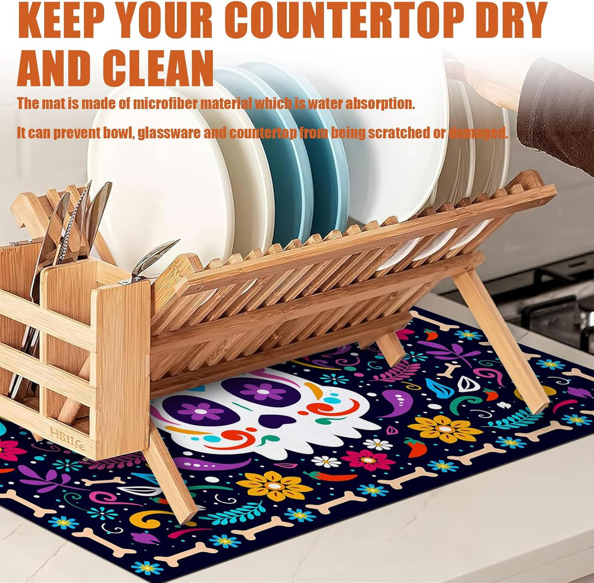 Sugar Skull Dish Drying Mat for Kitchen Counter Microfiber Absorbent Dish Day of the Dead Kitchen