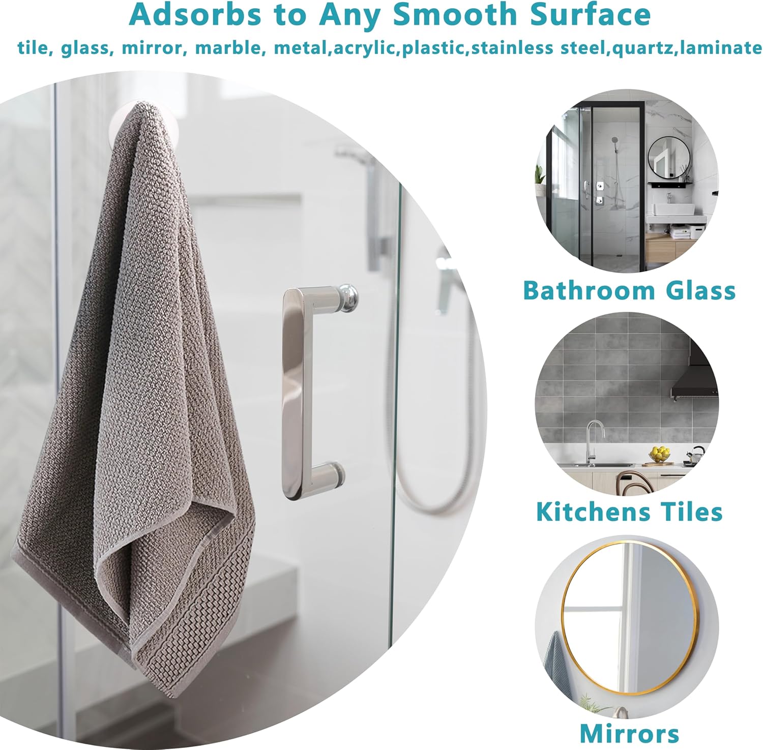Suction Cup Hooks for Shower,Removable No Drill Towel Hooks,Upgraded 15 lbs Strong Suction hooks