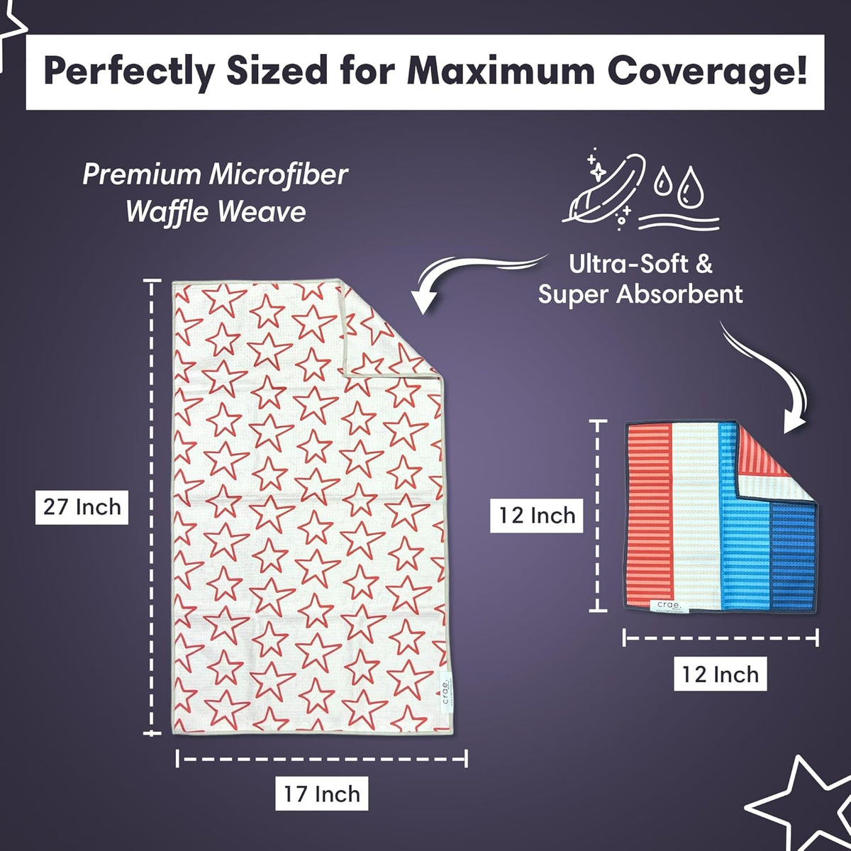 Microfiber Hand Towel & Washcloth Set of 2 - Double-Sided, Waffle Weave, Super Absorbent