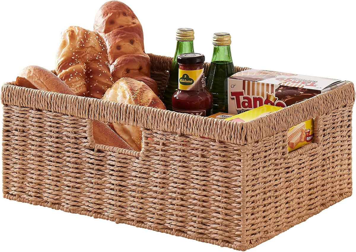 OIAHOMY Wicker Basket, Paper Shelf Basket with Built-in Handles, Rectangular Wicker Storage Bin for