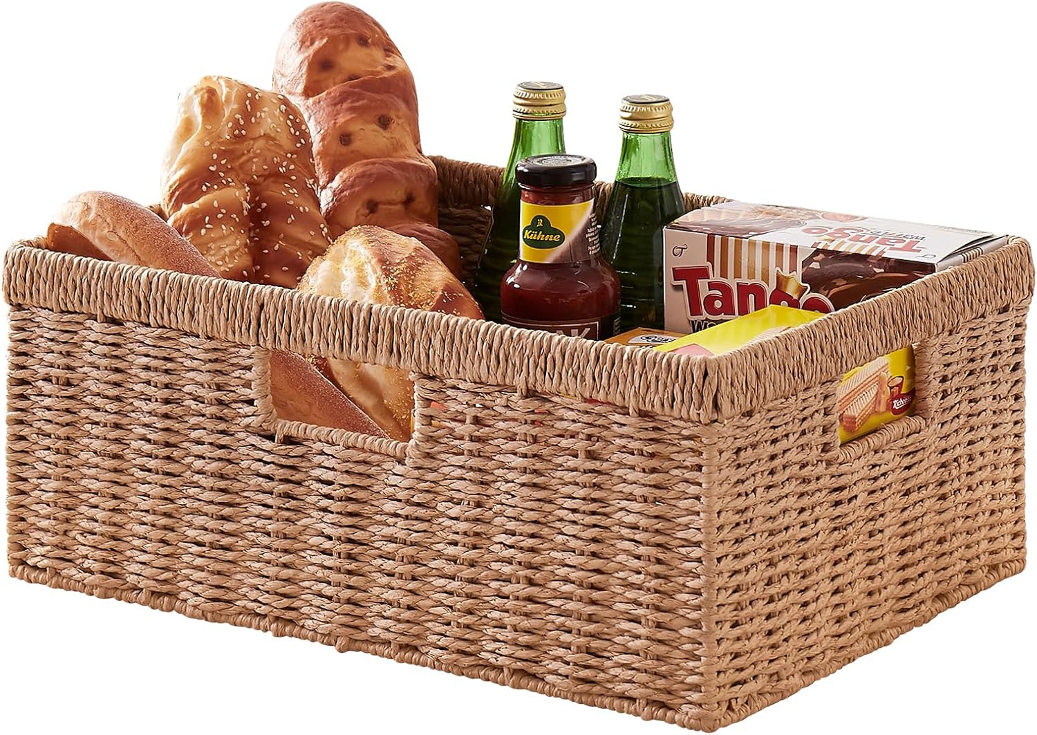OIAHOMY Wicker Basket, Paper Shelf Basket with Built-in Handles, Rectangular Wicker Storage Bin for