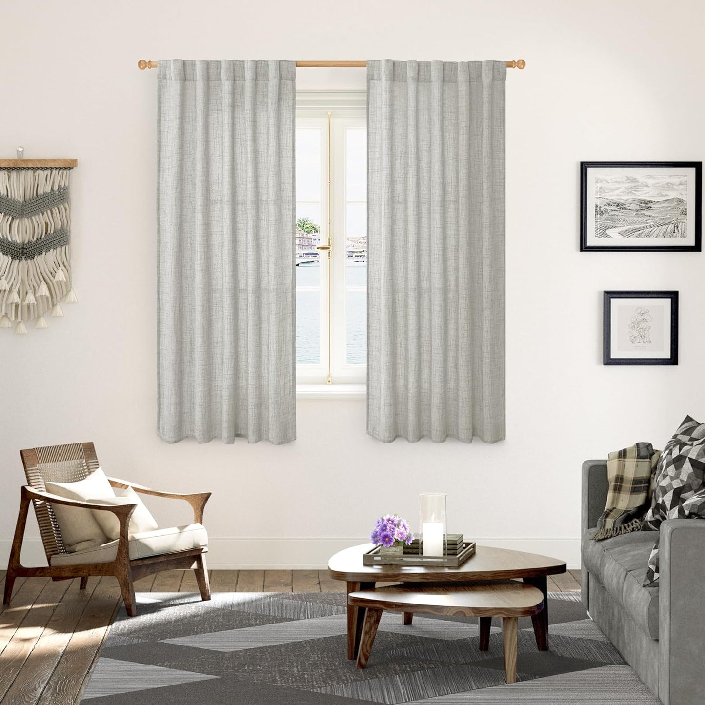 YoungsTex Light Grey Linen Curtains 63 Inch Length for Living Room, Rod Pocket Light Filtering