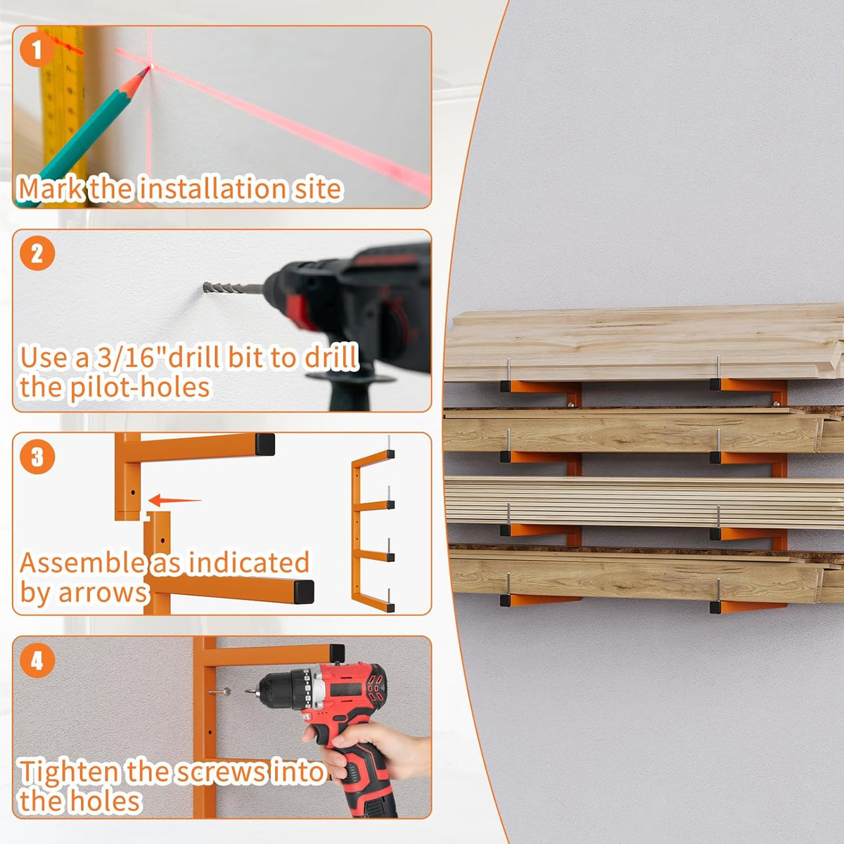 2-Pack Lumber Storage Rack, Wood Storage Racks Wall Mount, Heavy Duty Garage Wood Organizer With