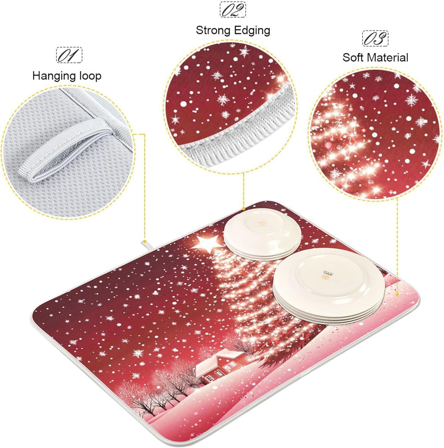 Christmas Tree Red Dish Drying Mat for Kitchen Countertop 16x18 Winter Snow Cabin Xmas Small Drying