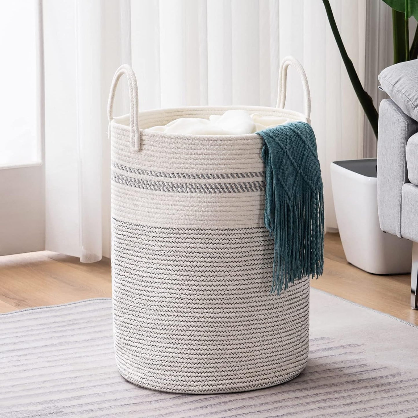YOUDENOVA Woven Rope Laundry Hamper Basket, 58L Tall Luandry Basket, Baby Nursery Hamper for