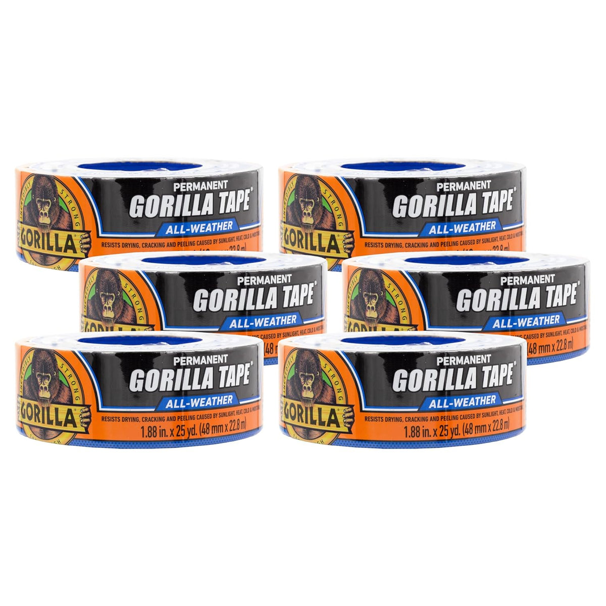 Gorilla All Weather Duct Tape, Black, 1.88" x 25 yd (Pack of 6) - UV and Temperature Resistant