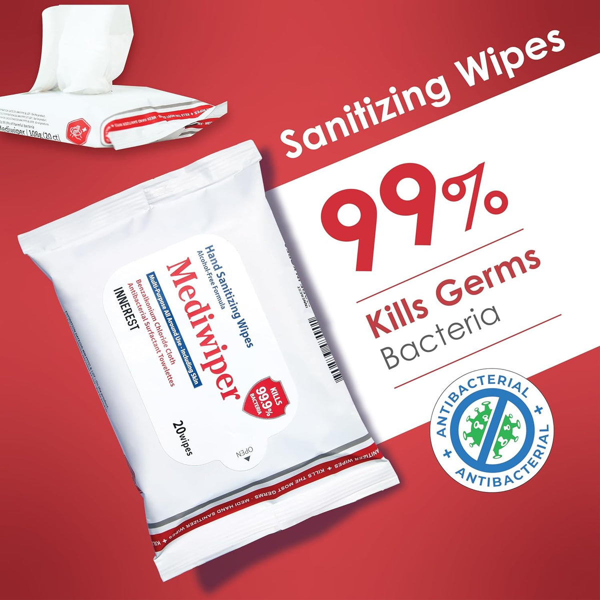 Mediwiper 20 Count Alcohol-Free Sanitizing Wipes Disinfecting Large Unscented Wet Wipes Bulk, Hand