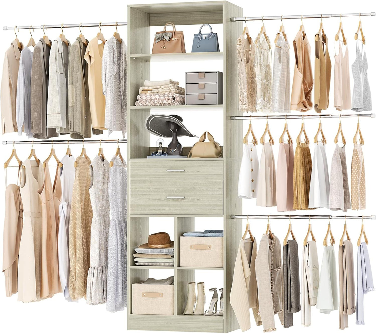 Closet System, 4-8 FT Closet Organizer Tower with 2 Wooden Drawers and Shelves, Can Fit 60 to 96